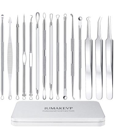 Pimple Popper Tool Kit IUMAKEVP 15 PCS Professional Stainless Steel Blackhead Remover Comedone Extractor Tools for Removing Pimple Blackheads Zit on Face - Acne Removal Kit with Metal Case (Silver)