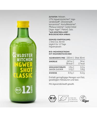Kloster Kitchen Ginger Tasting Kit SI Size 1 x 360 ml + 6 x 30 ml with real ginger pieces I Organic vegan shot gift set I sweet spicy and with natural sweetness - Buy Online on GoSupps.com