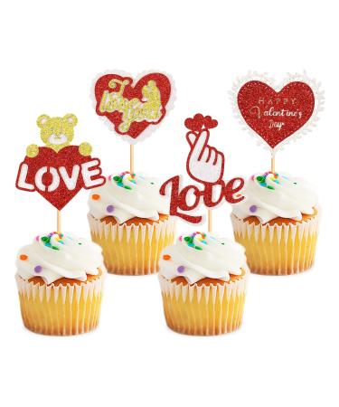 Keaziu 24 Pack Happy Valentine's Day Cupcake Toppers I Love You Heart Cupcake Picks Love Cupcake Toppers for Wedding Proposal Engagement Bridal Shower Sweet Love Theme Party Cake Decoration Red 4