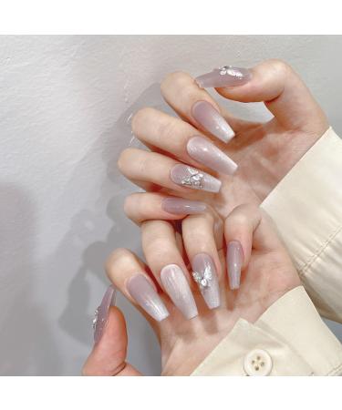 Nude cat eye hand-made nails long nails hand-made press-on nails gentle removable nail stickers(Purple Long ladder M)