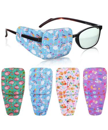 4 Pcs Eye Patches for Kids Reusable Eyepatch for Glasses to Cover Either Eye, Pink Blue Green White, 4 Styles (Rainbow Duck Mermaid Hedgehog)
