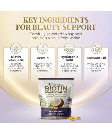 PURETREX Biotin 10,000mcg with Keratin, Hyaluronic Acid & Coconut Oil | 180 Advanced Softgels, Fast Absorption, 3 Month Supply | Supports Strong Hair, Skin & Nails | Non-GMO, Gluten-Free, UK Made - Buy Online on GoSupps.com
