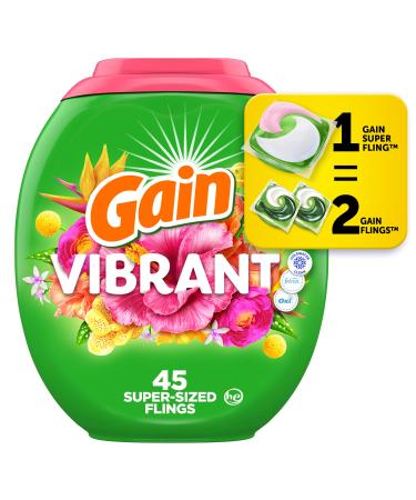 Gain Super Sized Flings Laundry Detergent Pacs Vibrant 3-in-1 Detergent Pacs with Febreze and Oxi 45 Count Vibrant 45 count (Pack of 1)