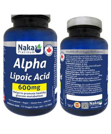 Naka Platinum Alpha Lipoic Acid 600mg Promote Healthy Glucose Metabolism Made in Canada (75 vcaps) 75 count (Pack of 1)