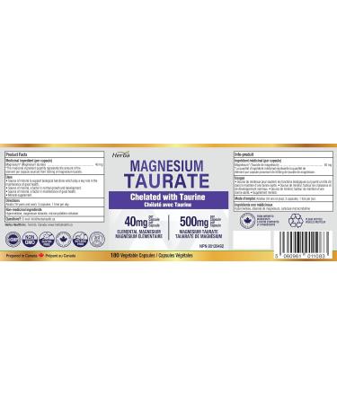 Herba Magnesium Taurate Supplement 500mg 180 Vegetable Capsules | Chelated with Taurine for Bioavailability | 40mg of Elemental Magnesium Per Capsules | Made in Canada - Buy Online on GoSupps.com