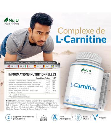 L-Carnitine Complex 1 650mg - 180 High Potency Vegan Capsules - With Riboflavin Biotin Chromium Vitamin D B3 & B6 - L Carnitine Tartrate Supplement - Made in Europe - Nu U Nutrition - Buy Online on GoSupps.com