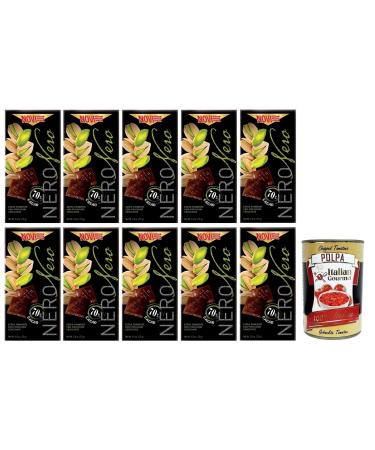 Italian Gourmet E.R. Novi Nero Pistacchio Pack of 10 extra dark chocolates with crunchy pistachios 70% cocoa 75g + Italian Gourmet Polpa di Pomodoro 400g box