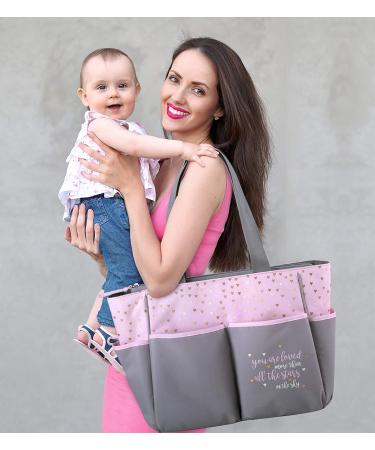 Sun, Moon & Stars Diaper Bag Tote Set - 5 Pieces with Wipes Pocket, Dirty Diaper Pouch & Changing Pad in Grey/Pink - Buy Online on GoSupps.com