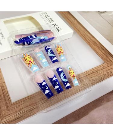Shop Blue French Tip Press on Nails - Extra Long Coffin Ballerina Design | 24pcs Full Cover Artificial Nails with Sun Moon Clouds - Perfect for Women - Buy Online on GoSupps.com