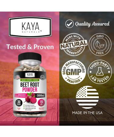 Kaya Naturals Premium Organic Beet Root Powder - Beet Root Extract Non-GMO & Gluten-Free 1300mg Per Serving - 30 Count Veggie Capsules 30 Count (Pack of 1) - Buy Online on GoSupps.com