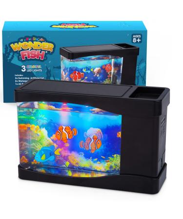 Artificial Fish Tank Virtual Ocean Toy in Motion Lamp - Mini Office Desk Aquarium 3 Colorful LED Lights, Colorful Aquarium Backgrounds - 3 Artificial Fish, Bubbles Tank with Moving Fish, Gift for Kids