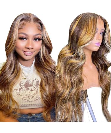 Silaiya Body Wave Highlight Ombre Lace Front Wig Human Hair Pre Plucked 13x4 HD Transparent 180% Density 4/27 Colored Lace Frontal Wigs For Women with Baby Hair Honey Blonde Lace Front Wig (22 Inch)