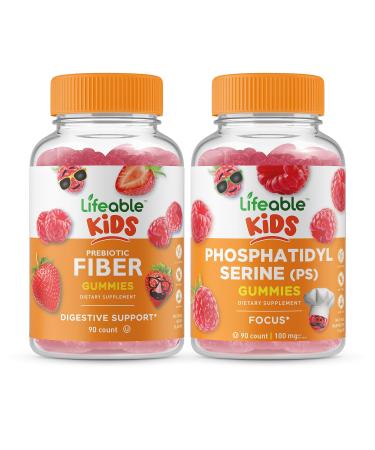 Lifeable Prebiotic Fiber Kids + Phosphatidylserine (PS) Kids Gummies Bundle - Great Tasting Vitamin Supplement Gluten Free GMO Free Chewable Gummy