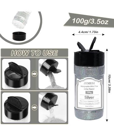 Glitzer Powder - Jemesi Silver Fine Glitter for Epoxy Resin Nail Art Body & DIY Decoration - 100g Holographic Glitter - Buy Online on GoSupps.com