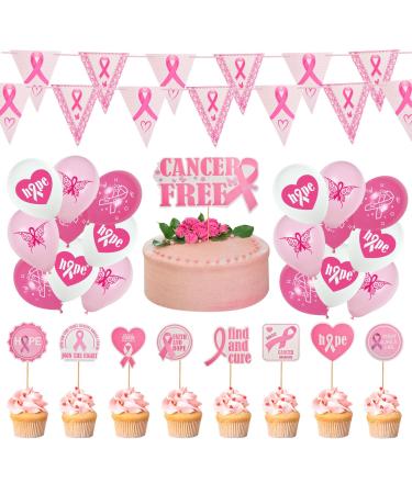 WANDIC Breast Cancer Awareness Kit 18 Pcs Pink Ribbon Balloon & 9 Pcs Cake Toppers & 16 Pcs Triangle Flags Banners for Decoration