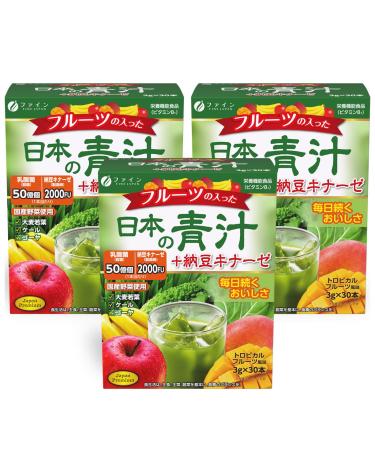 FINE JAPAN Green Aojiru Powder with Fruits and Nattokinase Powder Juice & Smoothie Mix Supports Digestion and Energy (154 gr/5.4 oz/30 Packets) Set of 3