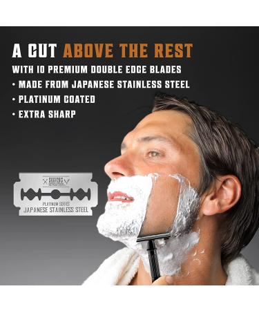 Long Handle Double Edge Safety Razor with 10 Japanese Stainless Steel Blades for Close and Clean Shaving - Black - Buy Online on GoSupps.com