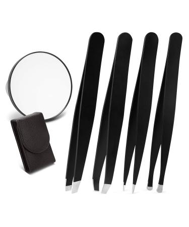 Precision Tweezers Kit - 4-Piece Professional Set for Eyebrow Grooming and Hair Removal with Case & Mirror - Slant, Pointed, Curved, and Flat Tips - Black - Buy Online on GoSupps.com