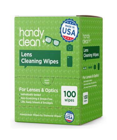 HandyClean Lens and Glass Cleaning Wipes Box of 100ct Pre-Moistened Quick-Drying Wipes for Eyeglasses, Cameras, Cell Phone Screens, Conveniently Fits in Purses, Pockets, or Carry-ons