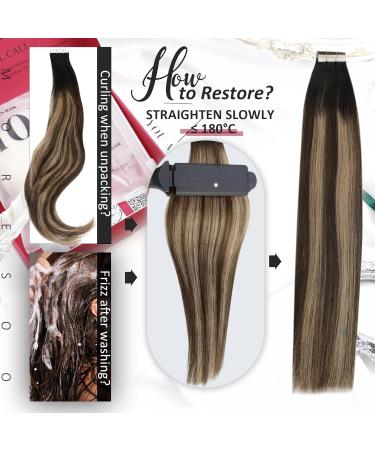 Moresoo 12 Inch Balayage Tape in Human Hair Extensions - Natural Black Ombre to Dark Brown with Dark Blonde Highlights - 20 Pieces/30g #1B/4/14 - Buy Online on GoSupps.com