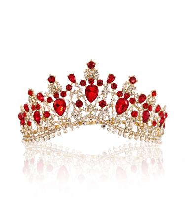 Vintage Baroque Ruby Crown for Brides Crystal Hair Accessory Wedding Bridal Hair Decor Gifts Gold Red
