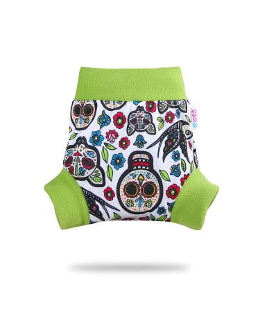 Petit Lulu Pull Up Cloth Nappy Wrap | Size M | Washable Diaper Wrap | Reusable Cloth Nappies | Made in Europe (Mexican Skulls (on White))