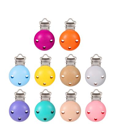 Kwokwei multi -colored pacifier clip 10 pieces pacifier clips set made of wood and iron 44mm wood pacifier chains clips/dummy nipple holder for baby and child