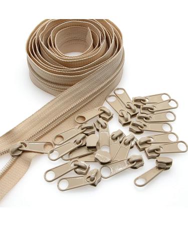 Leekayer 5 Beige Nylon Coil Zippers by The Yards Bulk 10 Yards with 25pcs Sliders for DIY Tailor Sewing Craft Bag Luggage Dress Sofa Cushion Pillow(Beige) Beige 5-with same color Pull