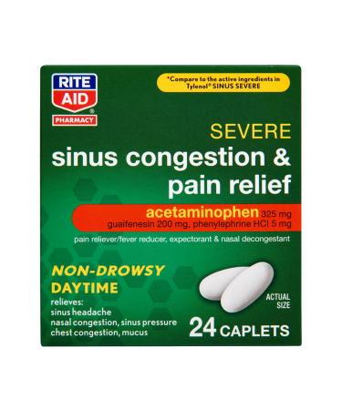 Rite Aid Daytime Severe Sinus Congestion & Pain Relief - Acetaminophen, 325 mg - 24 Caplets | Multi-Symptom Non-Drowsy | Sinus Relief | Cold and Flu Medicine | Severe Cold & Sinus Medicine for Adults