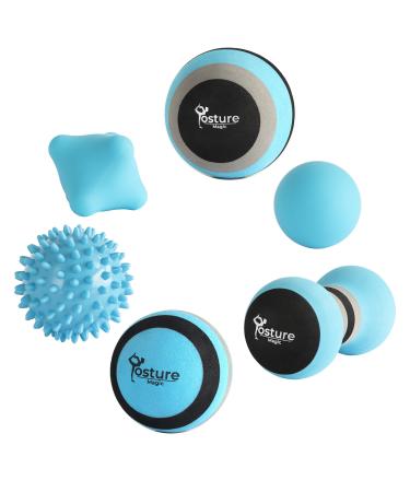 Posture Magic Massage Ball Set for Myofascial Trigger Point Release & Deep Tissue Massage - Set of 6 - Large Foam/Small Foam/Lacrosse/Peanut/Spiky/Hand Exercise Ball (Blue)