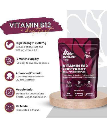 Beetroot & Vitamin B12 Complex 9000mg Beetroot + 1000mcg Dual B12 (Methylcobalamin & Adenosylcobalamin) Energy & Immune Support 90 Capsules UK Made (90) - Buy Online on GoSupps.com