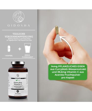 Qidosha Vegetable Iron Plus Vitamin C Capsules | 120 Vegan Capsules with Curry Blade Extract & Acerola Fruit Powder | Purely Plant-Based Iron Supplement - Buy Online on GoSupps.com