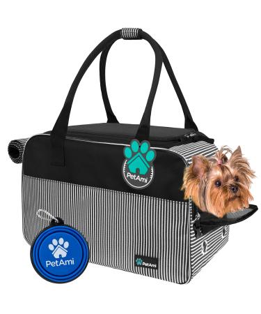 PetAmi Airline Approved Dog Purse Carrier | Soft-Sided Pet Carrier for Small Dog, Cat, Puppy, Kitten | Portable Stylish Pet Travel Handbag | Ventilated Breathable Mesh, Sherpa Bed One Size (Pack of 1) Stripe Black
