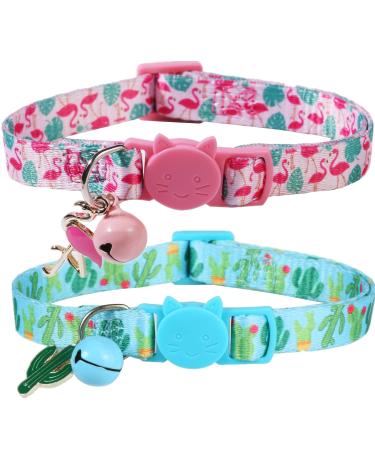 BoomBone Cactus Cat Collar with Bell and Matching Charm, 2 Pack Breakaway Famingo Kitten Collar