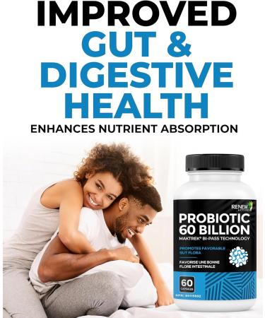 Renew Actives Probiotic Supplement for Digestive Health 60 Billion CFU per 2 Capsules - Advanced Formula with Prebiotic Benefits - Supports Gut Flora Balance & Wellness - Made in Canada - 60 Capsules - Buy Online on GoSupps.com