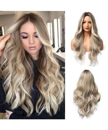 Esmee 24"Long Wavy Wigs for Women Brown Ombre Ash Blonde Hair Heat Resistant Synthetic Wigs for Daily Parties and Role Playing