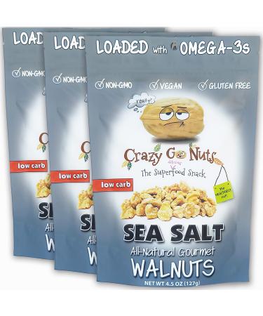 Crazy Go Nuts Walnuts - Plain with Sea Salt 4.5 oz (3-Pack) - Healthy Snacks Vegan Low Carb Gluten Free Superfood - Natural Non-GMO ALA Omega 3 Fatty Acids Good Fats and Antioxidants