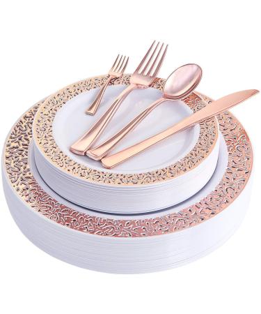 Allure Maek 150PCS Gold Plastic Plates with Disposable Plastic Silverware Lace Design Plastic Tableware sets include 25 Dinner Plates 25 Salad Plates 25 Forks 25 Knives 25 Spoons/Bonus 25 Mini Forks (Rose Gold Dinnerware)