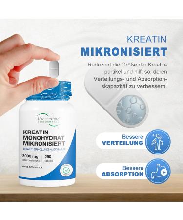 Vitaminpure Creatine Monohydrate 3000mg - 250 Pure Creatine Capsules for Strength Endurance & Relaxation - Pre Workout Supplement - Buy Online on GoSupps.com