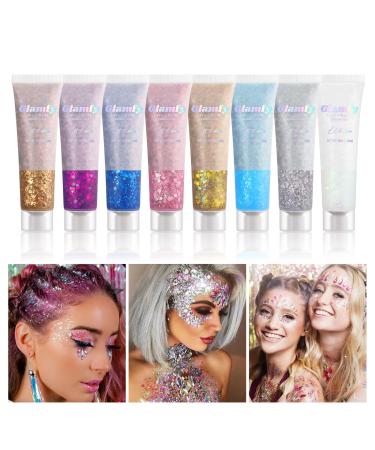 8 Color Body Glitter,Face Glitter Gel,Hair Glitter,Self Adhesive Glitter Gel,Chunky Glitter Festival Accessories,Cosmetic Glitter Makeup