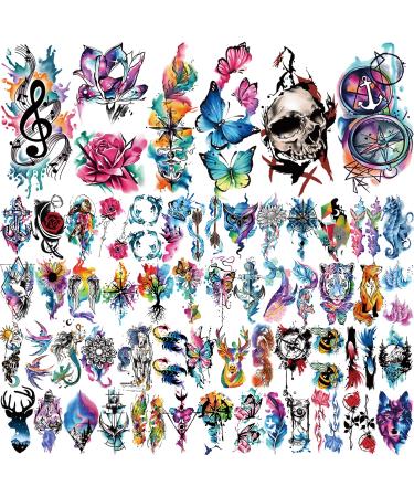 Watercolor Temporary Tattoos - Butterfly, Flower, Lion, Wolf, Dream Catcher Designs - 77 Sheets for Men, Women & Kids - Buy Online on GoSupps.com