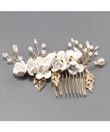 Bridal Bride Hair Accessories White Flower Bridesmaid Comb Wedding Hair Piece Pins Accessory for Women Mother of Bride Pearl Clip Diamante Side Clips Leaf Hair Vine for Party (Golden) - Buy Online on GoSupps.com