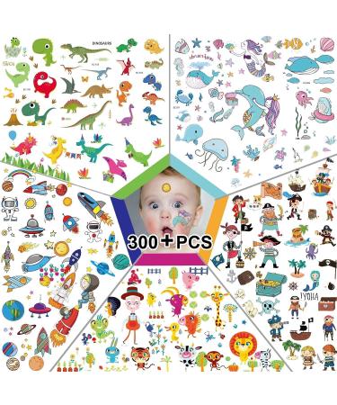 Leesgel 300pcs Temporary Tattoos for Kids  Featured 5 Series of Fake Waterproof Tattoos for Boys Girls- Spaceships  Dinosaurs  Animal Zoos  Mermaids  Pirates. (20 Sheets-4.7inch X 3inch) 5 IN 1