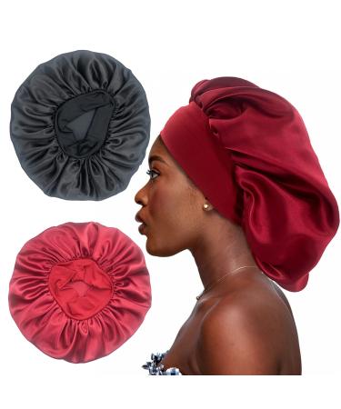 2PCS Large Satin Bonnet,Silk Bonnet Hair Wrap for Sleeping, Sleep Cap with Elastic Soft Band, Big Bonnets for Black Women Hair Care (Black, Wine Red) Black,wine Red