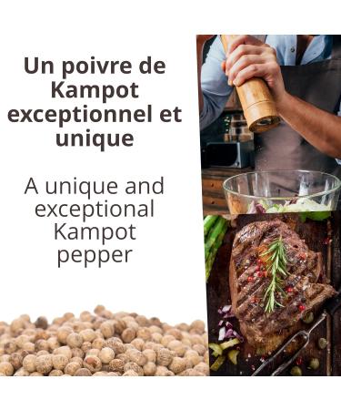 Khla - Certified Organic Kampot White Pepper 45 g - Refillable Mill - Organic Peppercorn Sachet - Grand Cru Strong & Powerful - Kitchen Ingredient - Direct Producer - Cambodian Origin - Buy Online on GoSupps.com