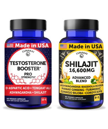 Lunakai USA Made Testosterone Booster + Shilajit Capsules Bundle Non-GMO 60ct Each