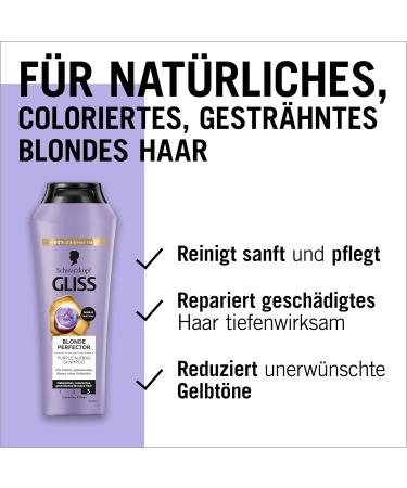 handle Gliss Blonde Perfector Purple Shampoo 250 ml with antiyellowing effect and ExpressPurple Conditioner Blonde Perfector 200 ml for spraying and 2in1 Purple buildup hair mask 150 ml hair treatment 200 ml 3er Pack - Buy Online on GoSupps.com