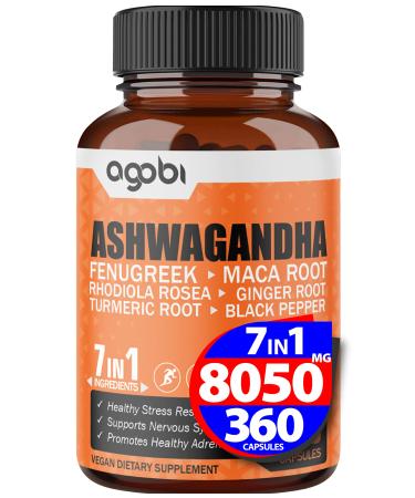 One Year Supply - Ashwagandha Supplement 8050mg - Combined Fenugreek Maca Turmeric Rhodiola Ginger & Black Pepper - Mood Strength Spirit & Energy Support - 360 Capsules