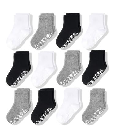 CozyWay Kids Non Slip Cotton Crew Socks Baby Socks Toddler Socks Anti Skid With Grips Striped for Children Toddler Boys & Girls 1-3 Years Black/White/Gray 12 Pairs