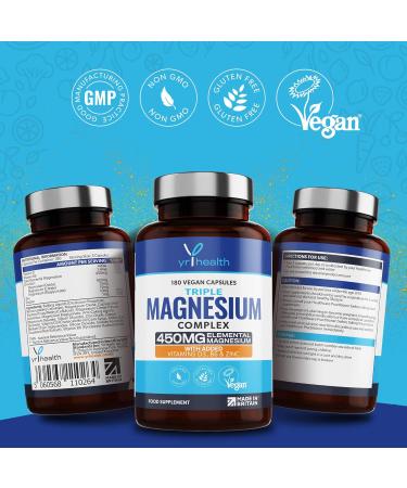 Vegan Magnesium Supplements with Zinc | 180 Capsules Triple Magnesium Complex | Vitamin D, B6 & Copper | Vegan Society Registered | Made in The UK - Buy Online on GoSupps.com